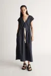 Lee Mathews Lm Poplin V Neck Dress In Navy