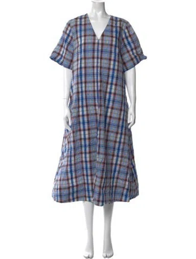 Pre-owned Lee Mathews Plaid Print Long Dress In Blue