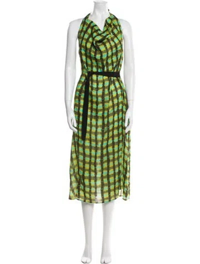 Pre-owned Lee Mathews Plaid Print Long Dress In Green
