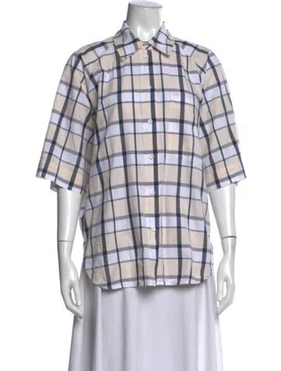 Pre-owned Lee Mathews Plaid Print Short Sleeve Button-up Top In Blue