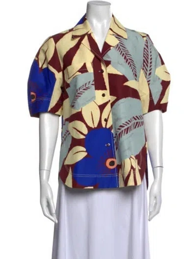 Pre-owned Lee Mathews Printed Short Sleeve Button-up Top In Burgundy