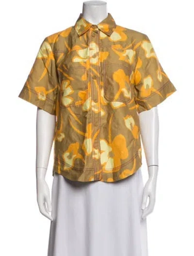 Pre-owned Lee Mathews Printed Short Sleeve Button-up Top In Gold/orange