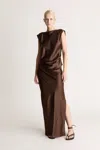 Lee Mathews Stella Silk Satin Drape Dress In Fudge