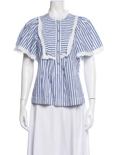 Pre-owned Lee Mathews Striped Short Sleeve Blouse In White