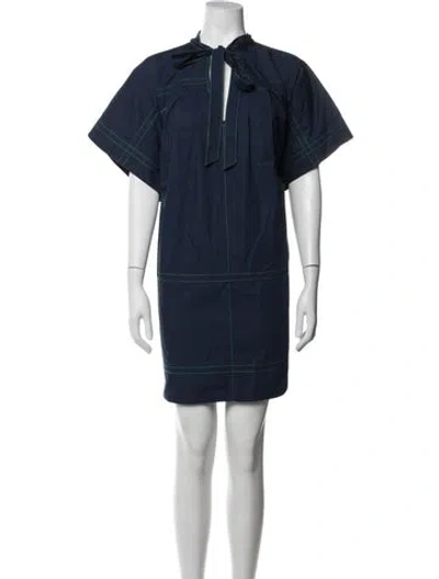 Pre-owned Lee Mathews Tie Neck Knee-length Dress In Blue