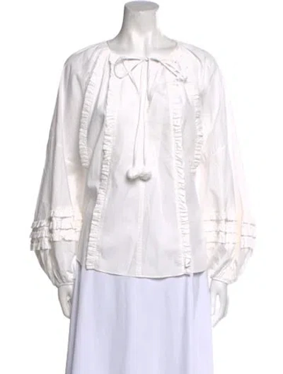 Pre-owned Lee Mathews Tie Neck Long Sleeve Blouse In White