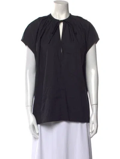 Pre-owned Lee Mathews Tie Neck Short Sleeve Blouse In Black