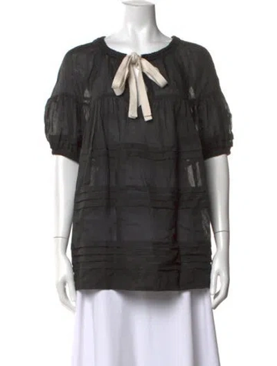 Pre-owned Lee Mathews Tie Neck Short Sleeve Blouse In Black