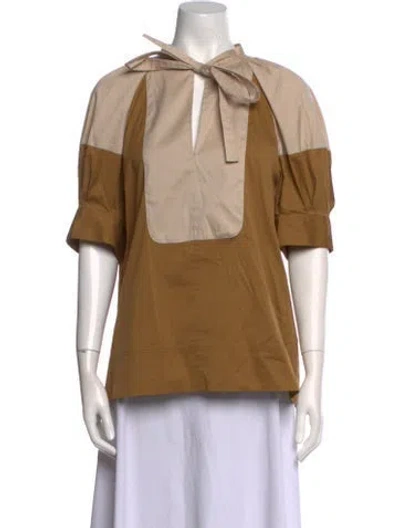 Pre-owned Lee Mathews Tie Neck Short Sleeve Blouse In Brown