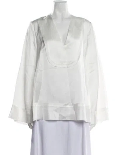 Pre-owned Lee Mathews V-neck Long Sleeve Blouse In White