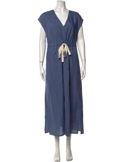Pre-owned Lee Mathews V-neck Midi Length Dress In Blue