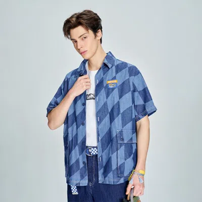 Lee Xline23春夏新品舒适版中蓝斜纹格轻薄男短袖衬衫 In Blue