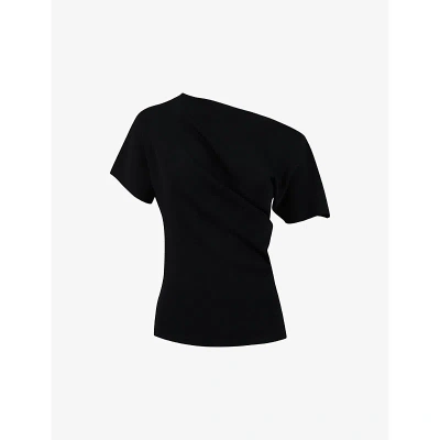 Leem Womens Black Asymmetric-neck Short-sleeve Knitted Top