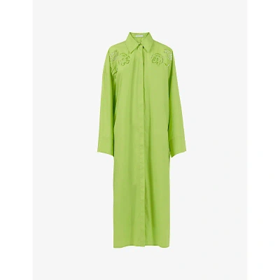 Leem Womens Green Embroidered-shoulder Long-sleeve Cotton-blend Midi Dress