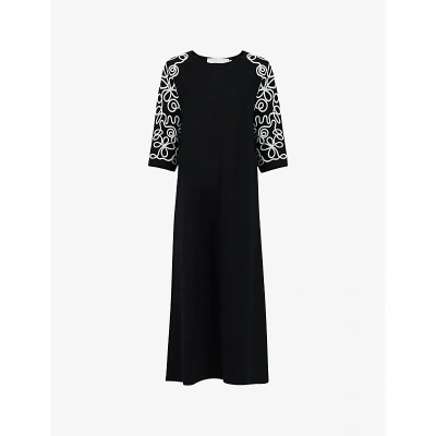 Leem Embroidered-sleeve Round-neck Stretch-woven Midi Dress In Black / Wh