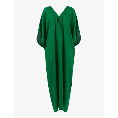 Leem Womens Green Gathered-front Short-sleeve Linen Kaftan