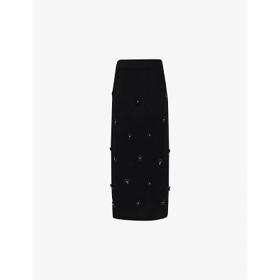 Leem Womens Black Flower-embroidered Slim-fit Woven Midi Skirt