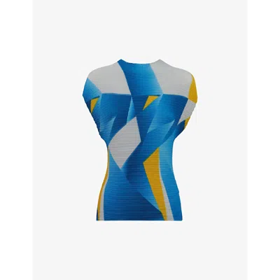 Leem Womens Blue Comb Geometric-print Plisse Woven Top