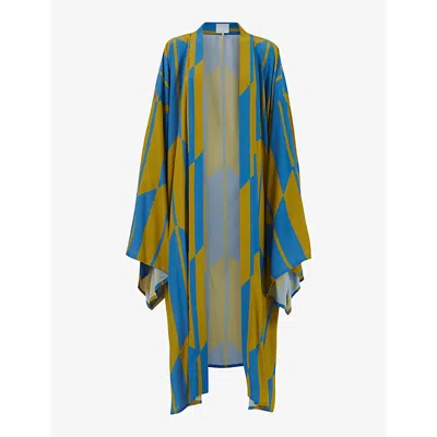 Leem Womens Blue Comb Graphic-print Relaxed-fit Woven Kaftan