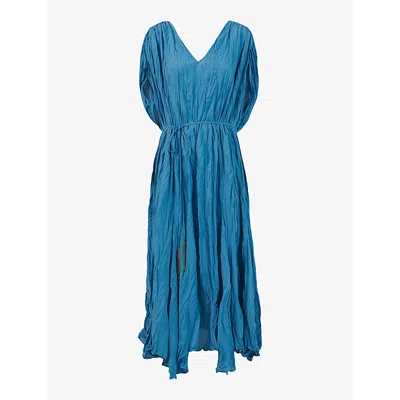 Leem Womens Dark Blue Organic Pleated Woven Midi Dress