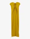 LEEM LEEM WOMEN'S MUSTARD CUT-OUT GATHERED STRETCH COTTON-BLEND MAXI DRESS