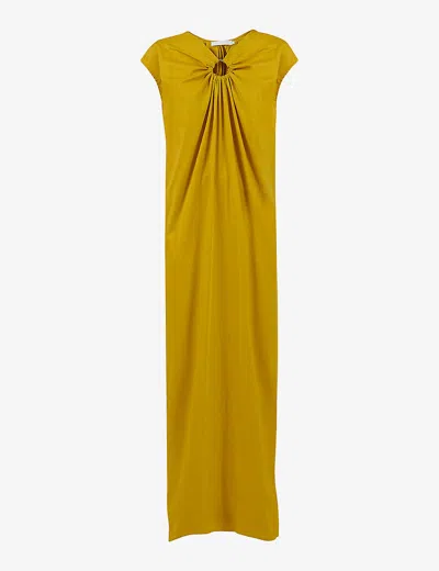 Leem Womens Mustard Cut-out Gathered Stretch Cotton-blend Maxi Dress