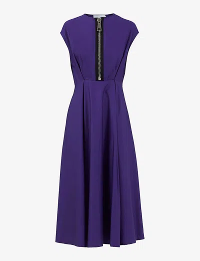 Leem Womens Purple Zip-embellished Pleated Cotton Midi Dress