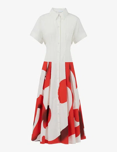 Leem Womens White Comb Floral-print Cotton Shirt Maxi Dress