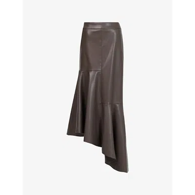 Leem Womens Grey Asymmetric-hem High-rise Faux-leather Midi Skirt