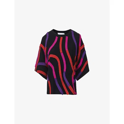 Leem Womens Abstract Applique-detail Cotton Top Black Xl