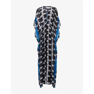 Leem Womens  Abstract-print Braided-trim Model Maxi Kaftan In Black