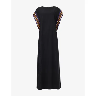 Leem Womens Black Beaded Sleeve Detail Cotton Kaftan