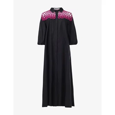 Leem Womens Lace-panel Cotton-poplin Shirt Kaftan Black