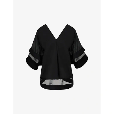Leem Womens Black Oversize-sleeve V-neck Cotton Blouse