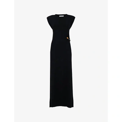 Leem Womens Black Padded-shoulder Embellished Knitted Maxi Dress