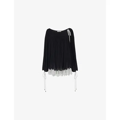 Leem Womens Smock-neck Lace-hem Woven Top Black