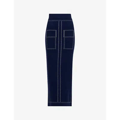 Leem Womens Blue Contrast-stitch Slim-fit Knitted Midi Skirt In Blue
