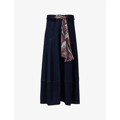 Leem Womens Blue Tie-waist Denim Maxi Skirt