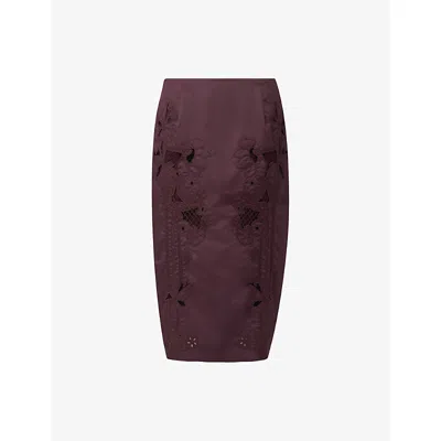 Leem Womens Brown Embroidered Cotton-blend Pencil Skirt Xl