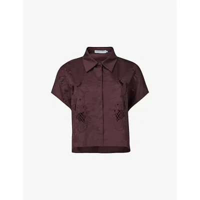 Leem Womens Brown Floral-embroidered Short-sleeved Cotton-blend Shirt