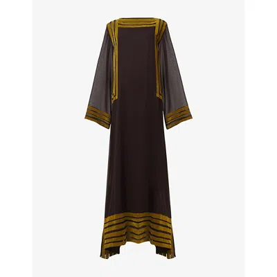 Leem Womens Brown Velvet-panel Long-sleeve Woven Maxi Dress In Multi