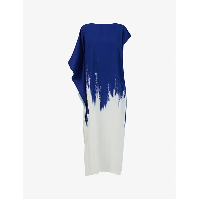 Leem Womens Cobalt Asymmetric Brush-stroke Woven Midi Dress