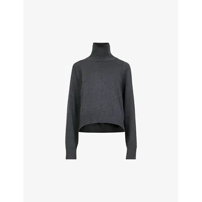 Leem Womens Grey Funnel-neck Boxy-fit Knitted Jumper