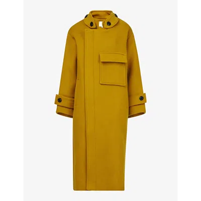 Leem Womens  Funnel-neck Flap-pocket Wool-blend Coat In Yellow