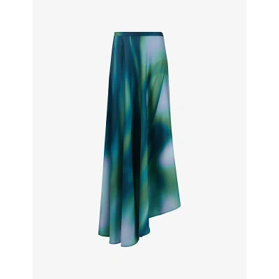 Leem Womens Green Comb Abstract-print Asymmetric-hem Woven Midi Skirt