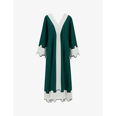 Leem Womens Green Comb Scalloped-trim V-neck Cotton Midi Dress