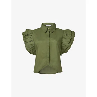 Leem Womens Green Ruffled-sleeve Notched-hem Cotton Shirt