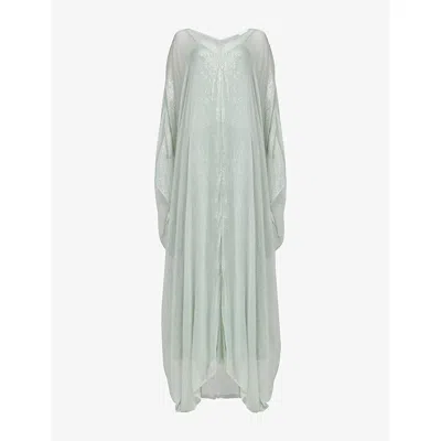 Leem Womens Green Striped V-neck Metallic-woven Kaftan In Gray