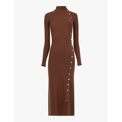 Leem Womens Neutrals High-neck Snap-embellished Knitted Midi Dress