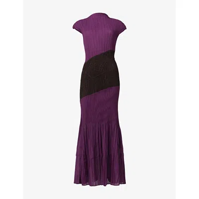 Leem Womens Purple Contrast-panel Pleated Woven Maxi Dress
